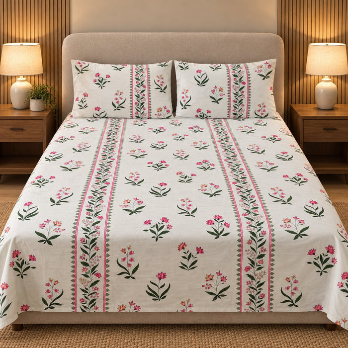 Petal Border Bedsheet Set by Reet (white, pink, green, floral, border)