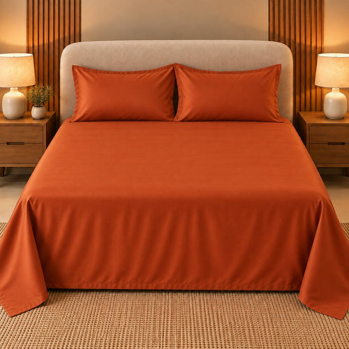 Burnt Orange Makhmali Cotton Sateen Bedsheet Set