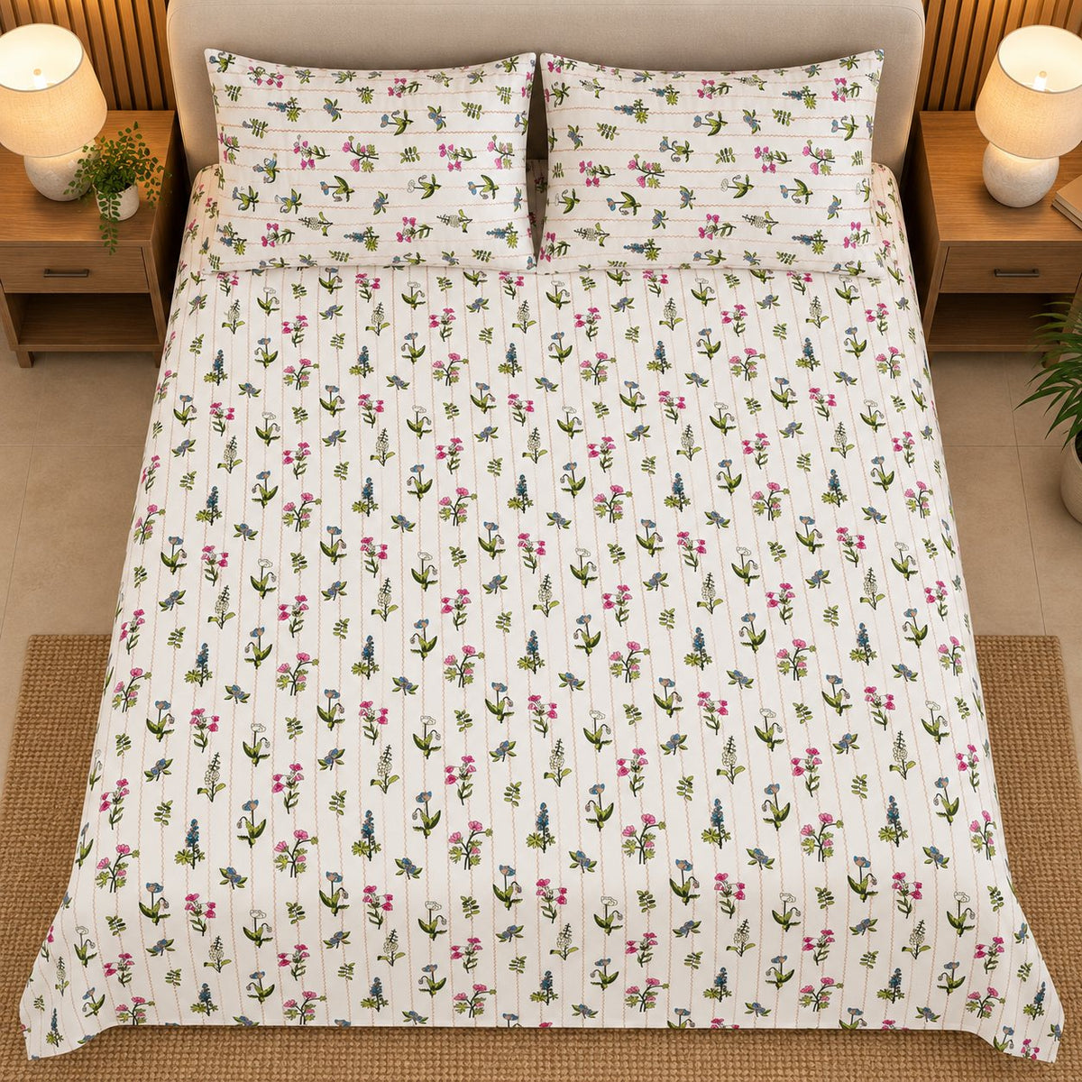 Meadow Trail Bedsheet Set by Reet (white, pink, purple, green, floral)