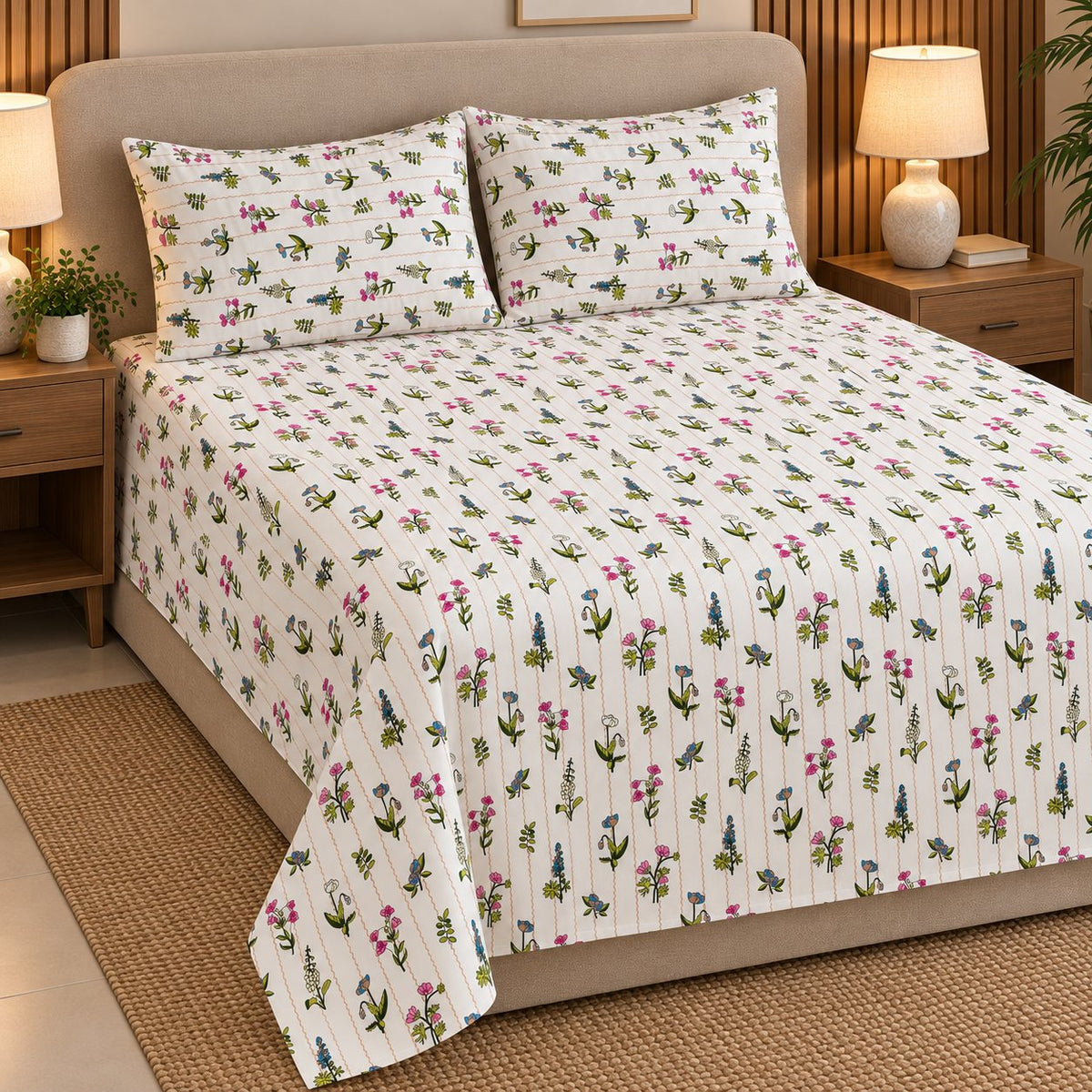 Meadow Trail Bedsheet Set by Reet (white, pink, purple, green, floral)