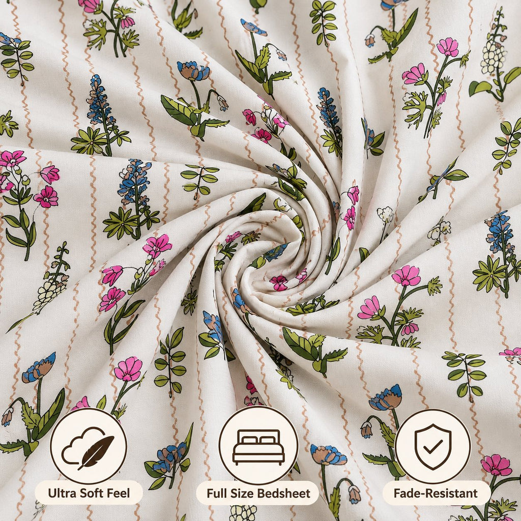 Meadow Trail Bedsheet Set by Reet (white, pink, purple, green, floral)