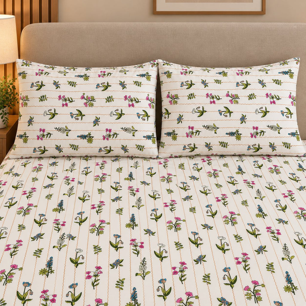 Meadow Trail Bedsheet Set by Reet (white, pink, purple, green, floral)