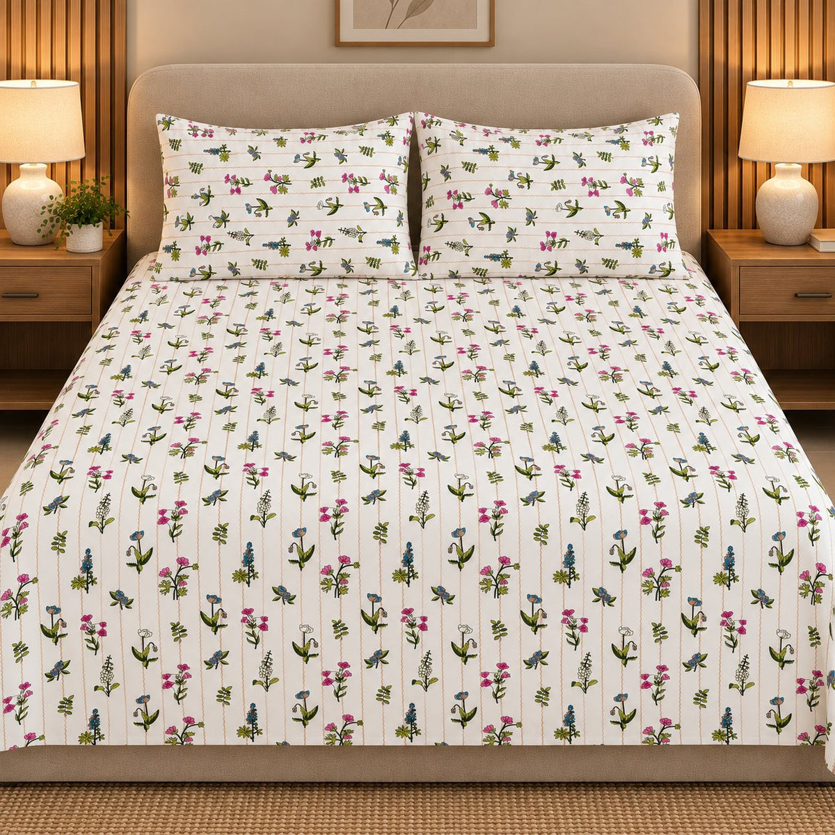 Meadow Trail Bedsheet Set by Reet (white, pink, purple, green, floral)