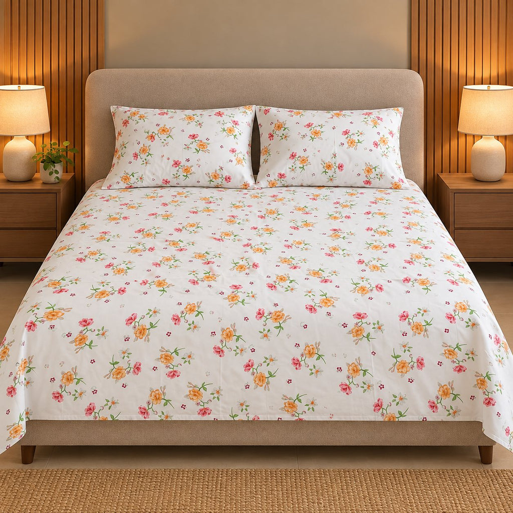 Coral Bloom Bedsheet Set by Reet (white, orange, pink, floral)