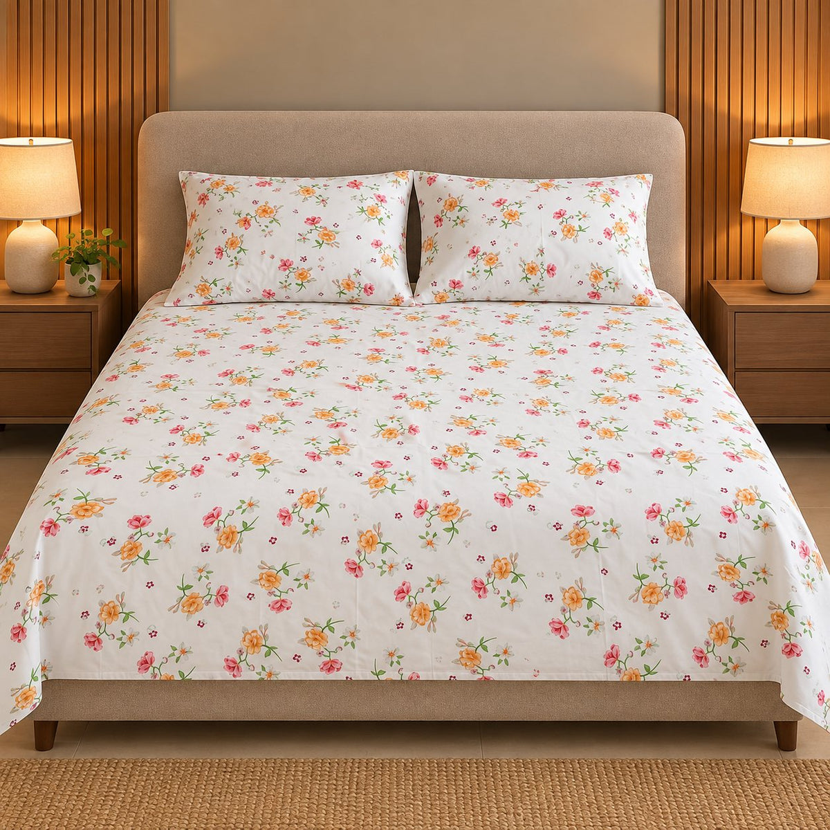 Coral Bloom Bedsheet Set by Reet (white, orange, pink, floral)