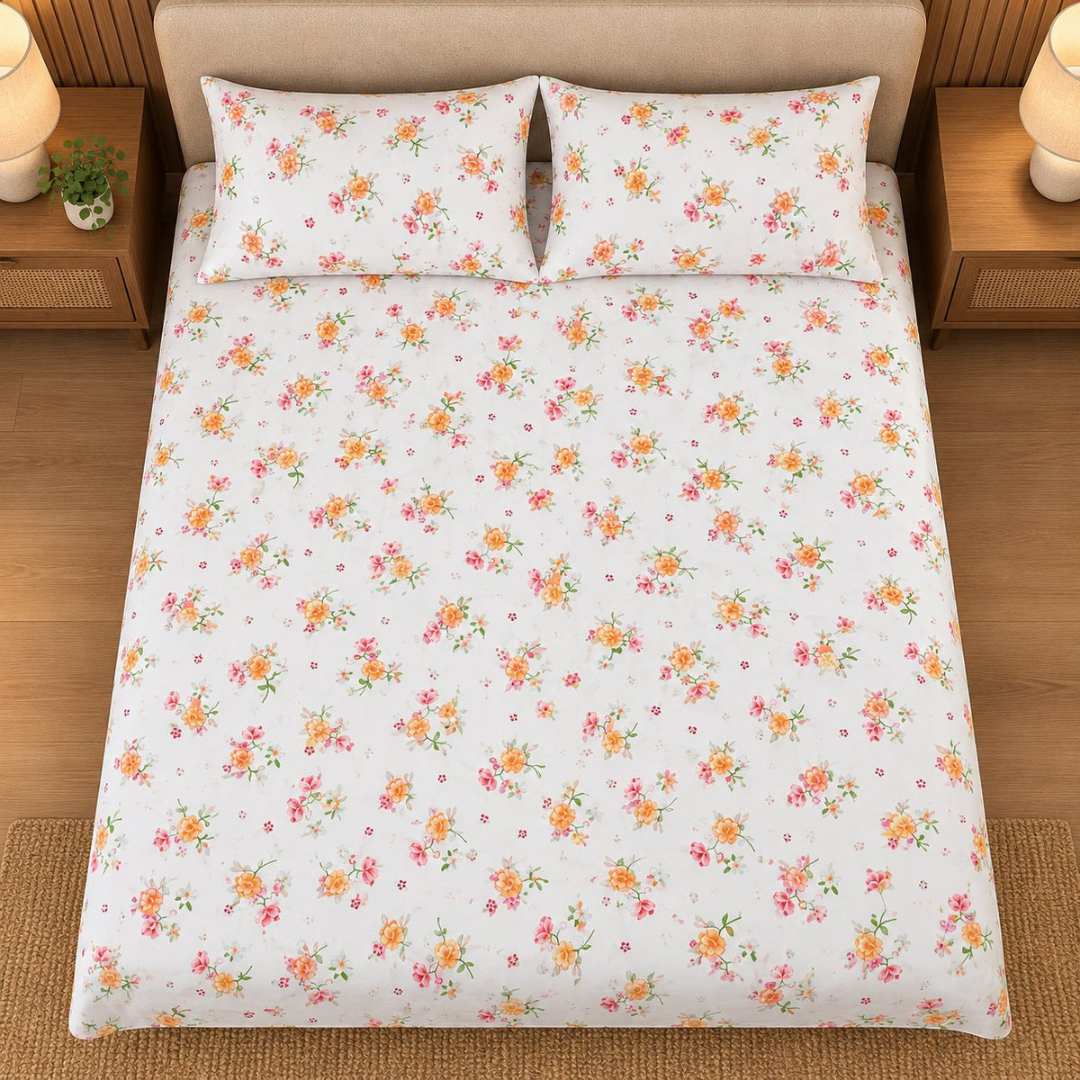 Coral Bloom Bedsheet Set by Reet (white, orange, pink, floral)