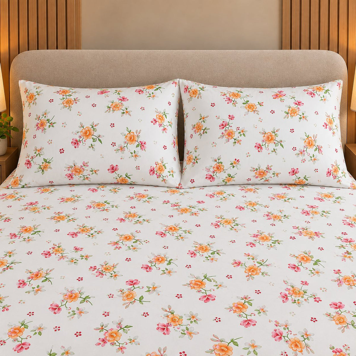 Coral Bloom Bedsheet Set by Reet (white, orange, pink, floral)