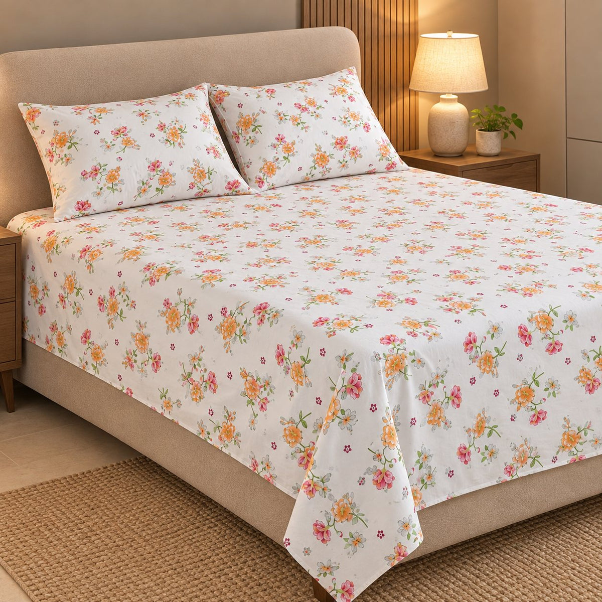 Coral Bloom Bedsheet Set by Reet (white, orange, pink, floral)