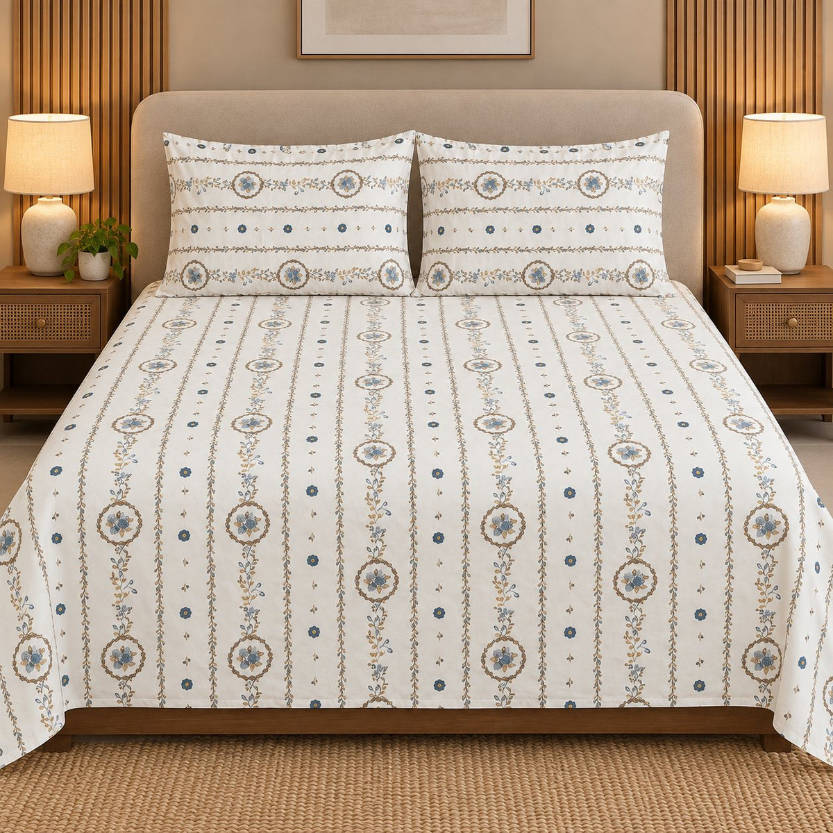 Gilded Trellis Bedsheet Set by Reet (white, blue, gold, stripes)