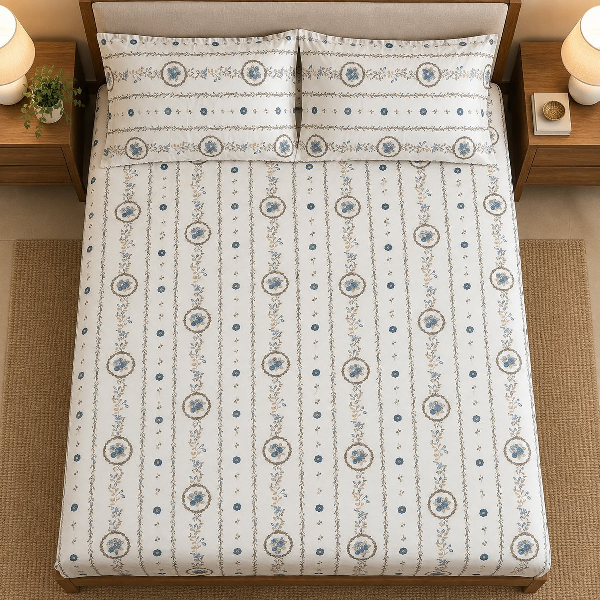 Gilded Trellis Bedsheet Set by Reet (white, blue, gold, stripes)