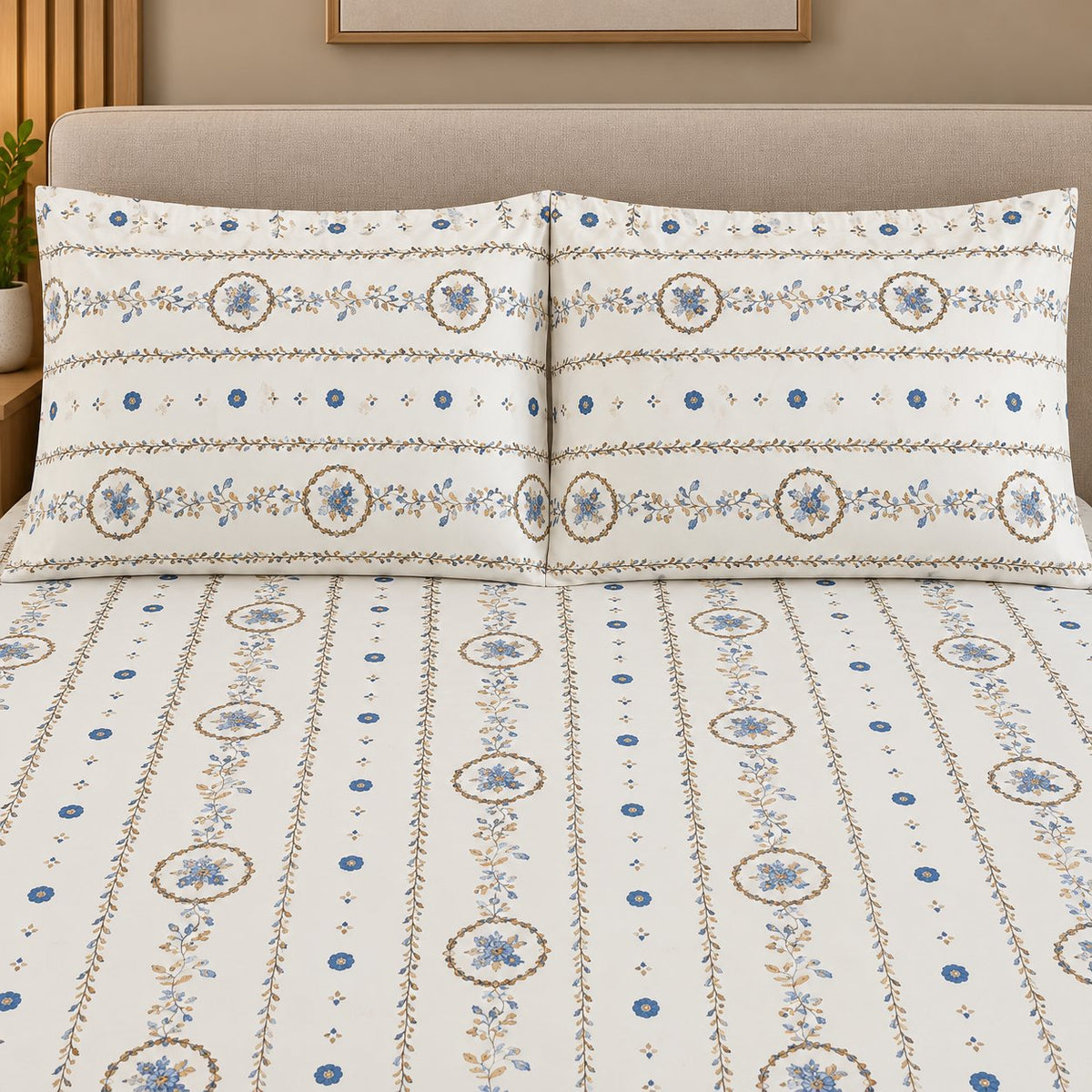 Gilded Trellis Bedsheet Set by Reet (white, blue, gold, stripes)
