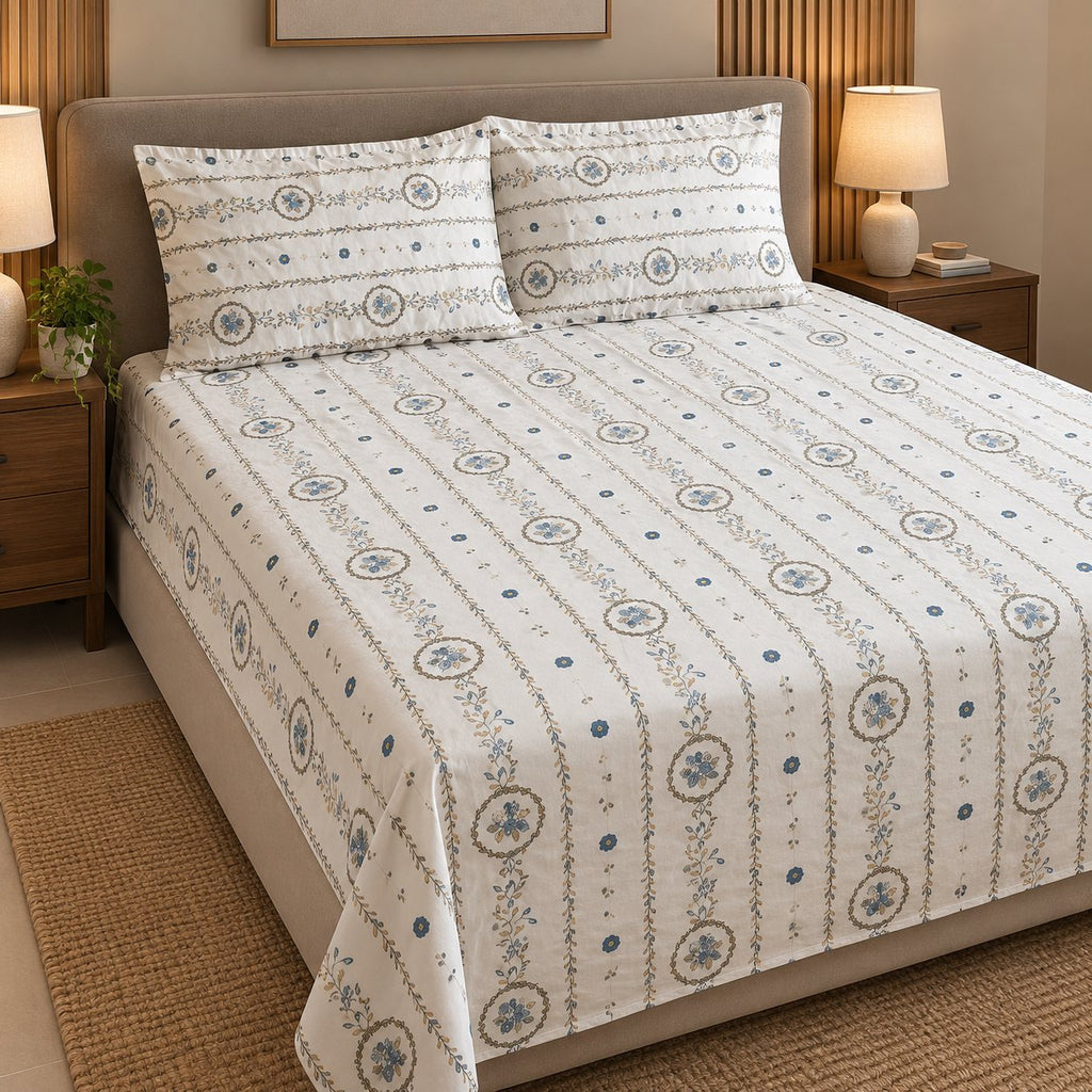 Gilded Trellis Bedsheet Set by Reet (white, blue, gold, stripes)