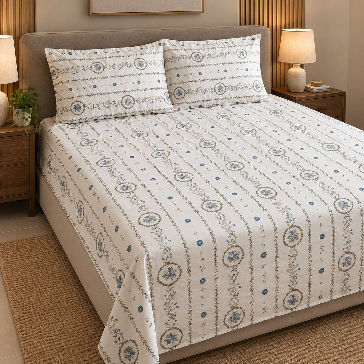 Gilded Trellis Bedsheet Set by Reet (white, blue, gold, stripes)