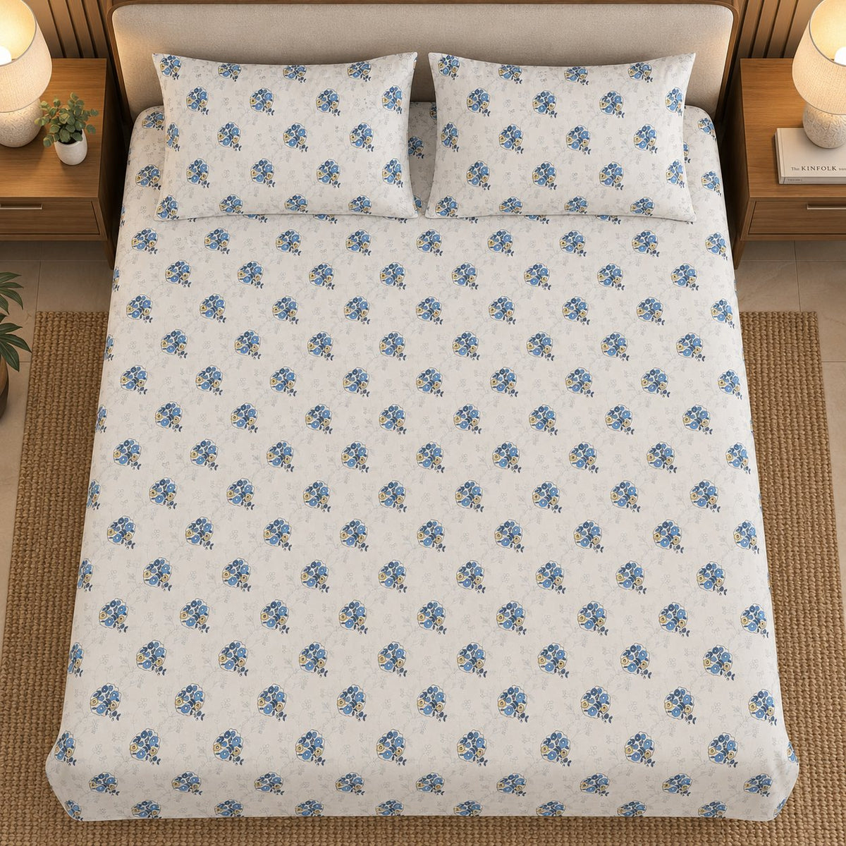 Azure Posy Bedsheet Set by Reet (white, light blue, blue, floral)