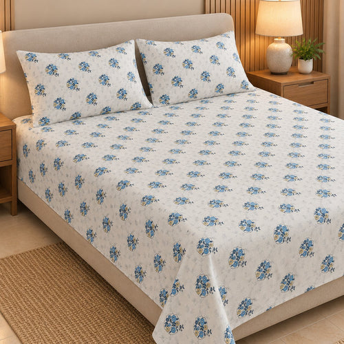 Azure Posy Bedsheet Set by Reet (white, light blue, blue, floral)