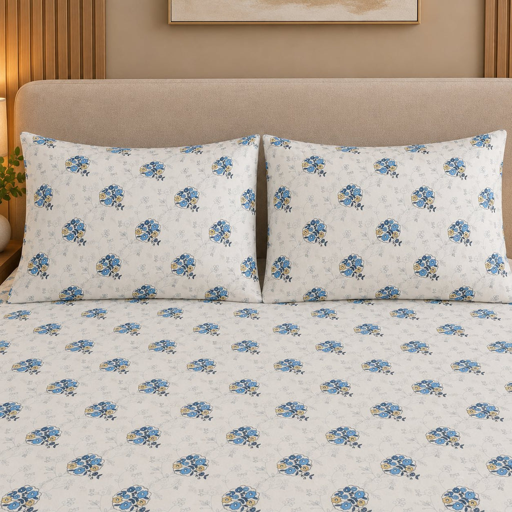 Azure Posy Bedsheet Set by Reet (white, light blue, blue, floral)