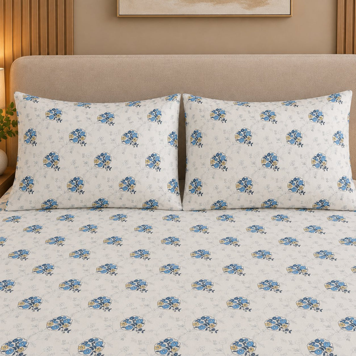 Azure Posy Bedsheet Set by Reet (white, light blue, blue, floral)