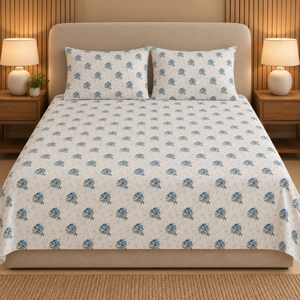 Azure Posy Bedsheet Set by Reet (white, light blue, blue, floral)
