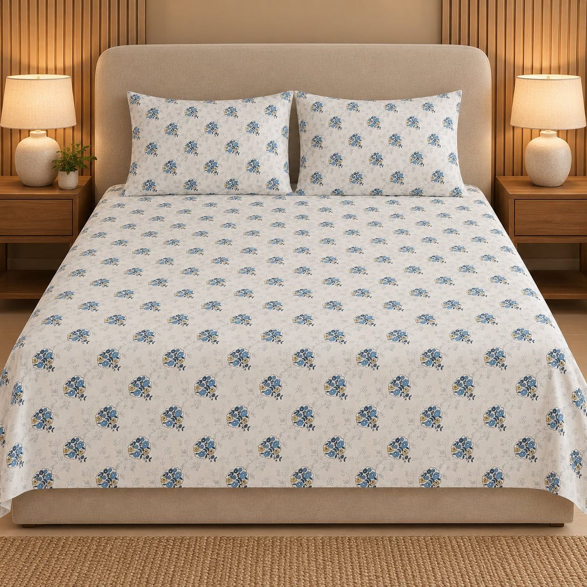 Azure Posy Bedsheet Set by Reet (white, light blue, blue, floral)