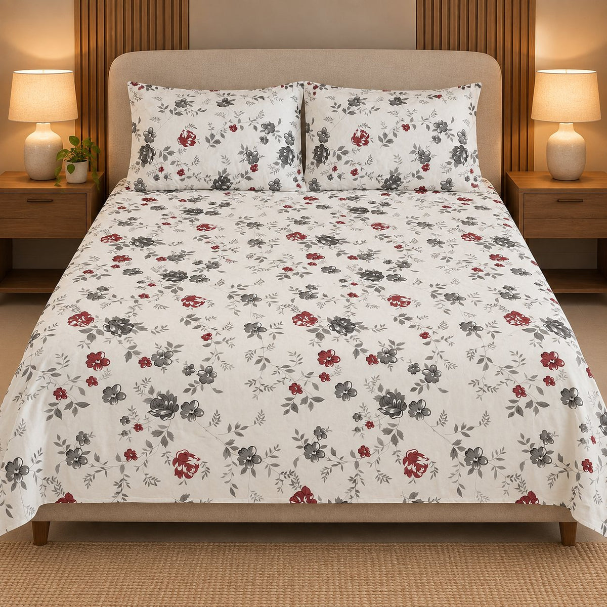 Rouge Toile Bedsheet Set by Reet (white, black, red, grey, floral)