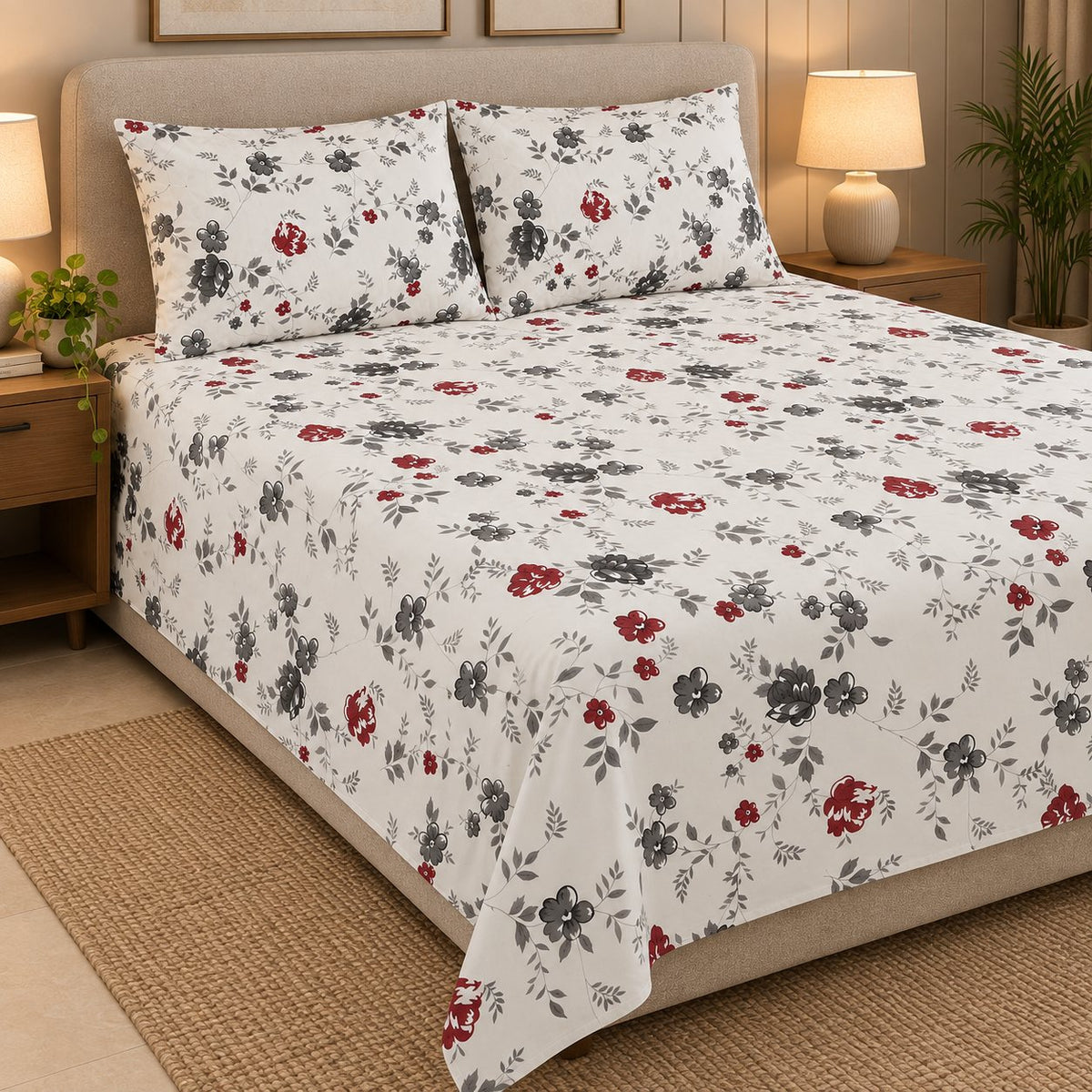 Rouge Toile Bedsheet Set by Reet (white, black, red, grey, floral)
