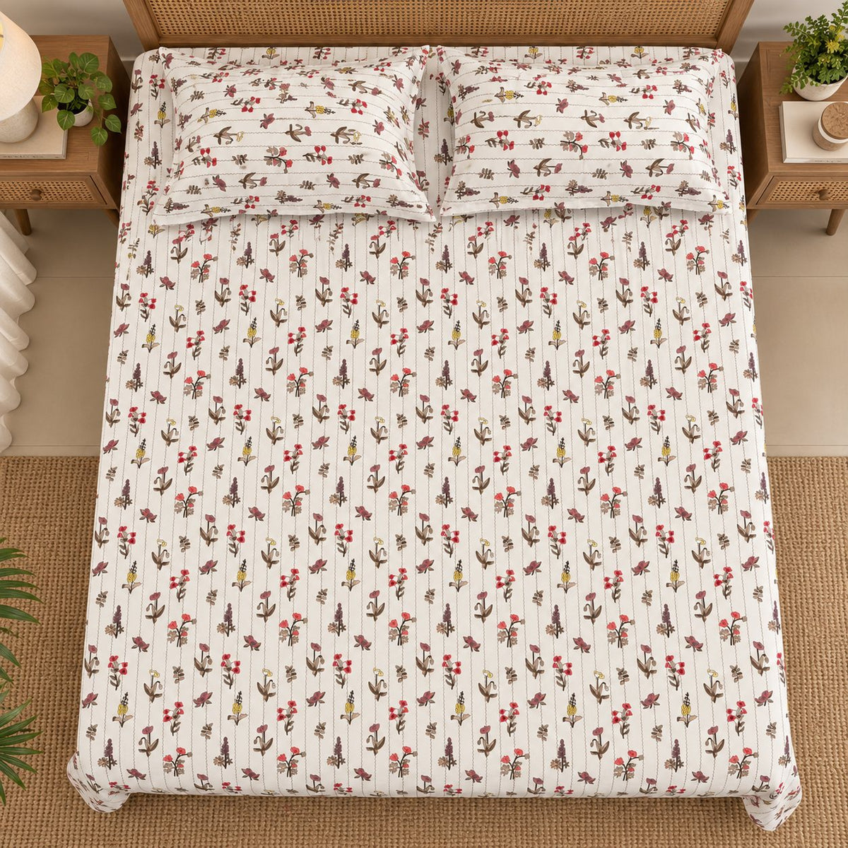 Heirloom Trail Bedsheet Set by Reet (cream, maroon, yellow, green, floral)