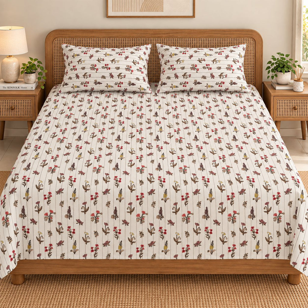 Heirloom Trail Bedsheet Set by Reet (cream, maroon, yellow, green, floral)