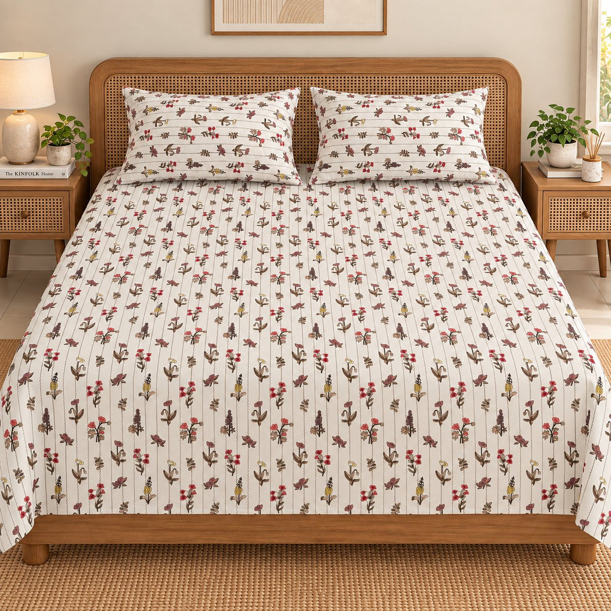 Heirloom Trail Bedsheet Set by Reet (cream, maroon, yellow, green, floral)