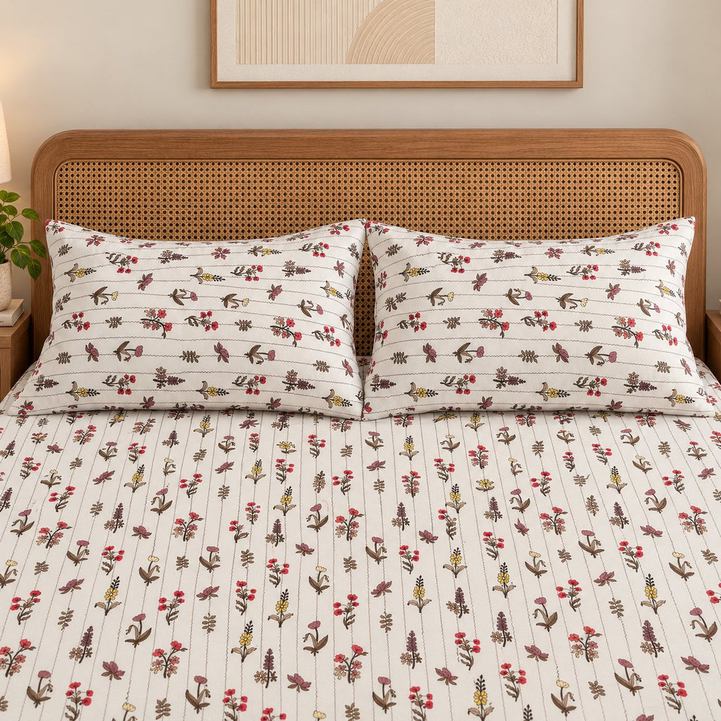Heirloom Trail Bedsheet Set by Reet (cream, maroon, yellow, green, floral)