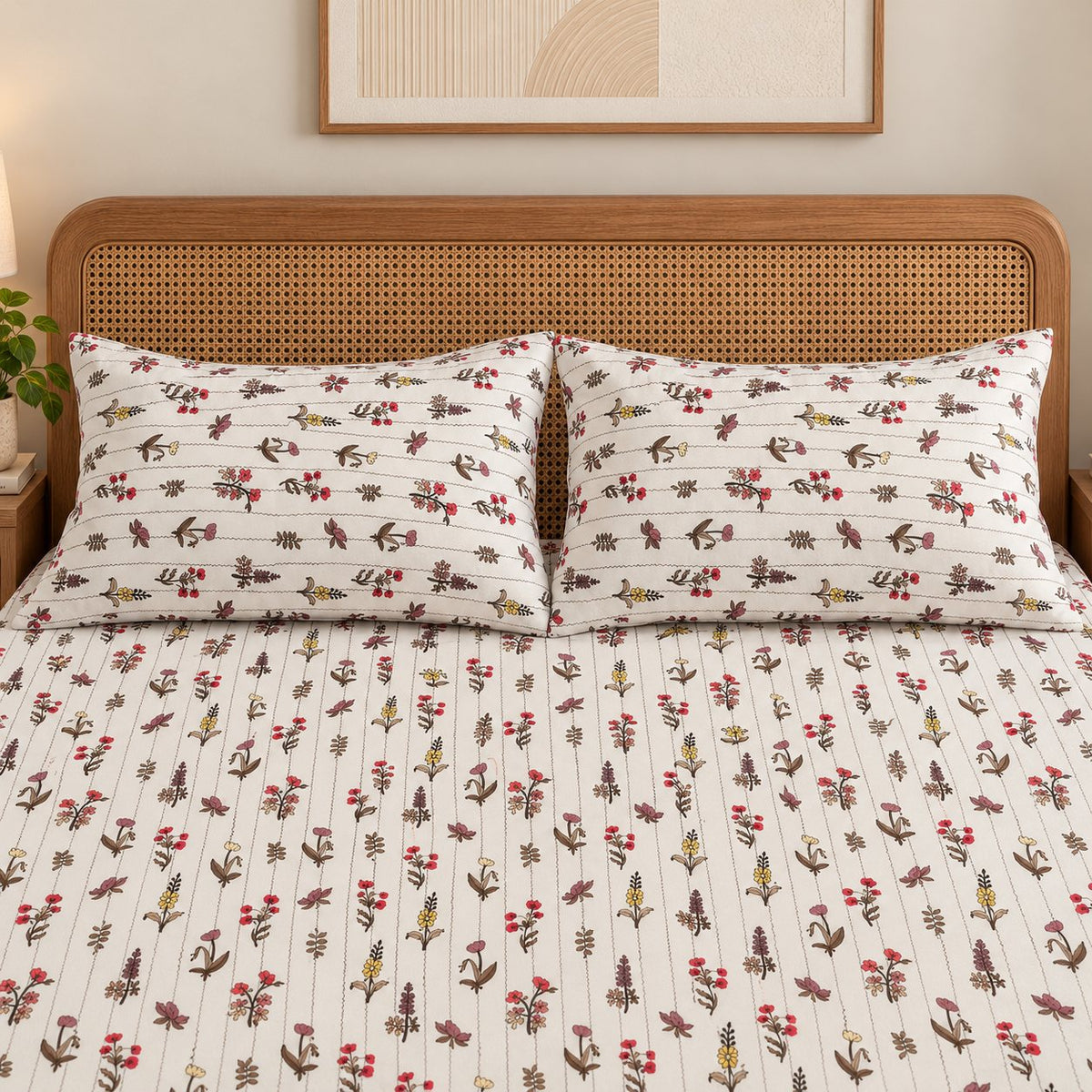 Heirloom Trail Bedsheet Set by Reet (cream, maroon, yellow, green, floral)