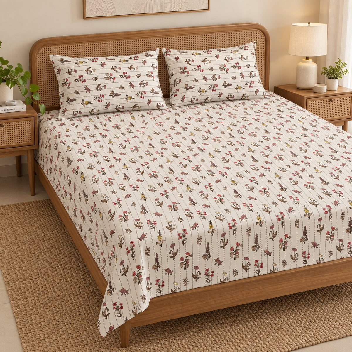 Heirloom Trail Bedsheet Set by Reet (cream, maroon, yellow, green, floral)