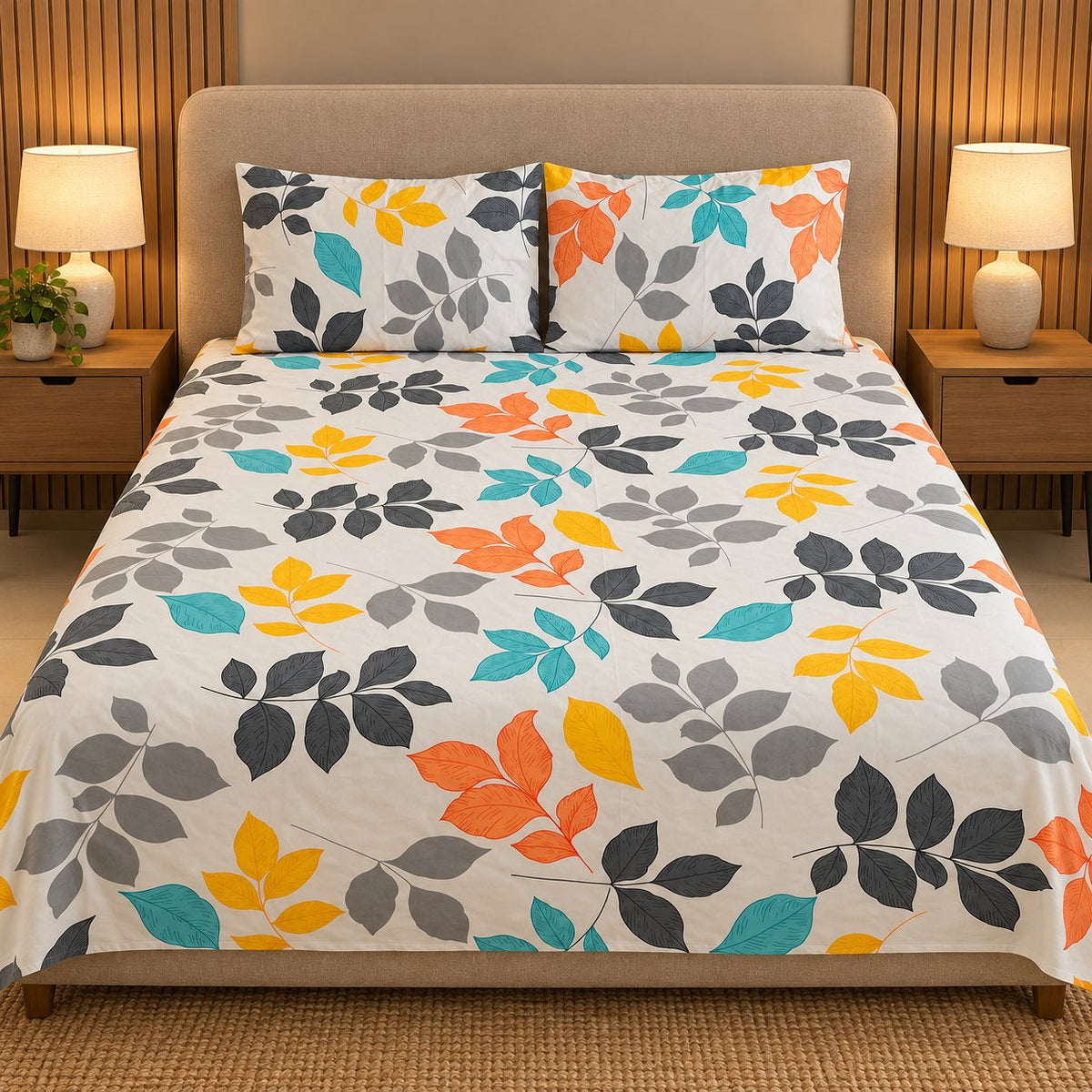 Tropic Canopy Bedsheet Set by Reet (white, orange, yellow, blue, grey, leaves, multicolour)