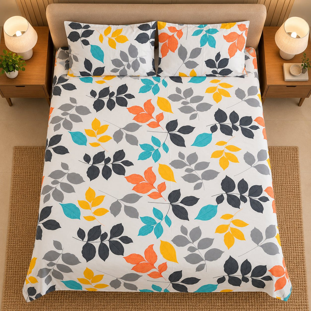 Tropic Canopy Bedsheet Set by Reet (white, orange, yellow, blue, grey, leaves, multicolour)