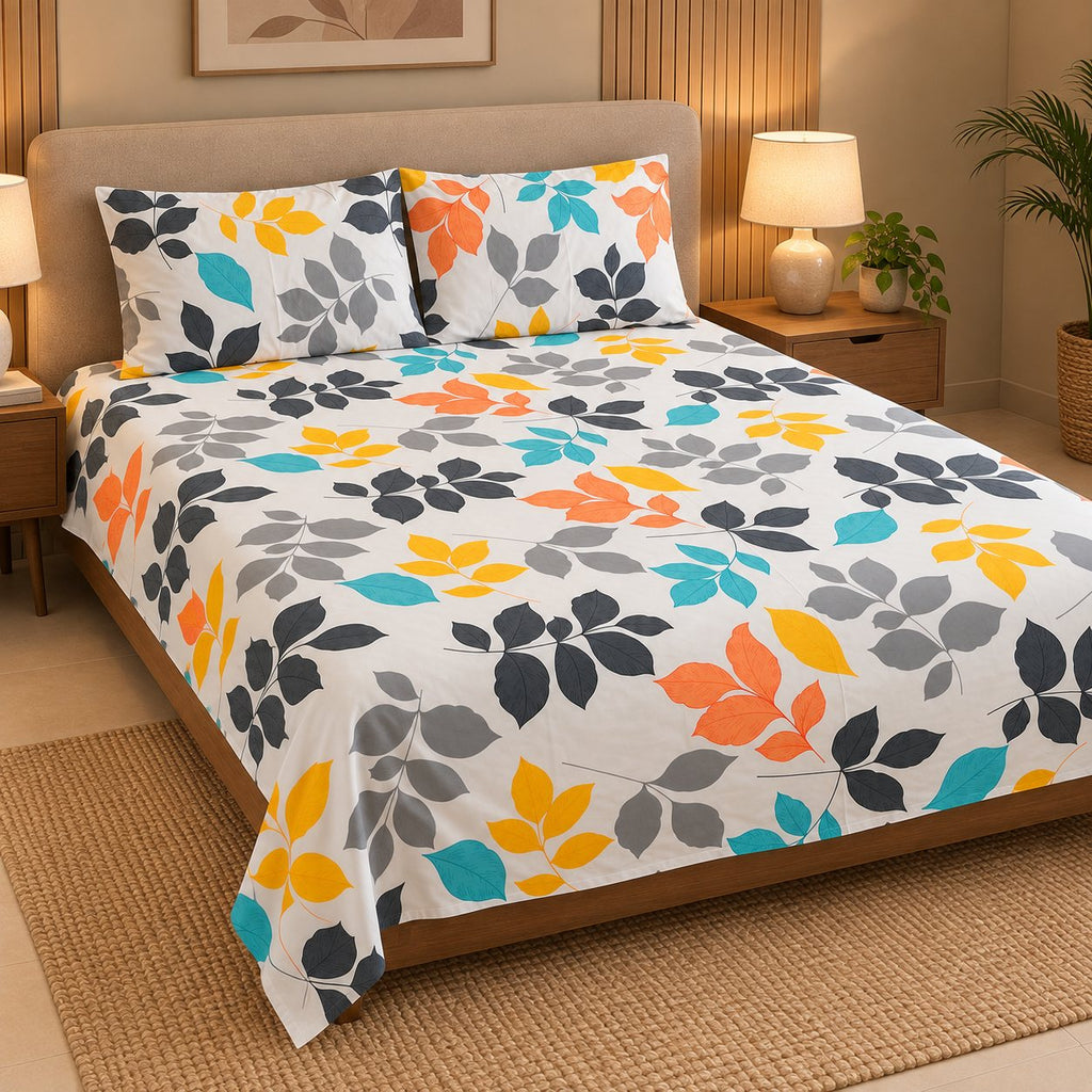 Tropic Canopy Bedsheet Set by Reet (white, orange, yellow, blue, grey, leaves, multicolour)