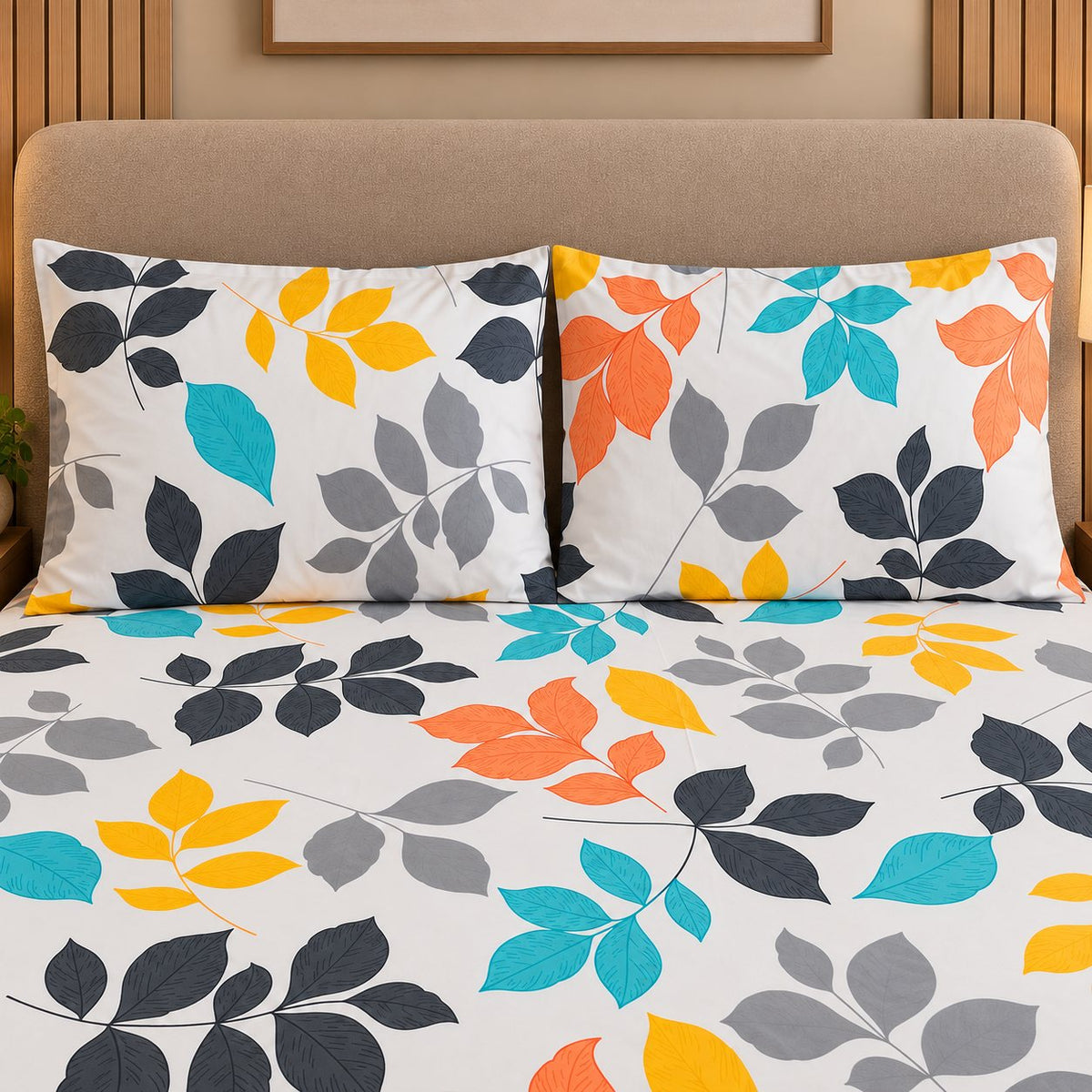 Tropic Canopy Bedsheet Set by Reet (white, orange, yellow, blue, grey, leaves, multicolour)