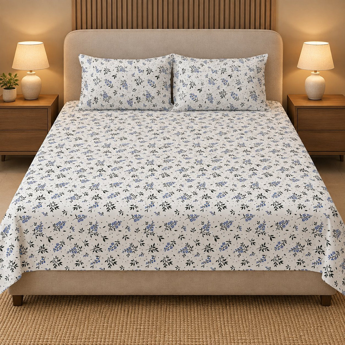 Bluebell Ditsy Bedsheet Set by Reet (white, blue, green, small flowers)