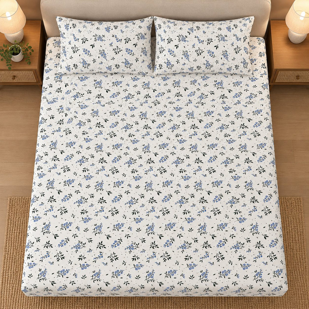 Bluebell Ditsy Bedsheet Set by Reet (white, blue, green, small flowers)