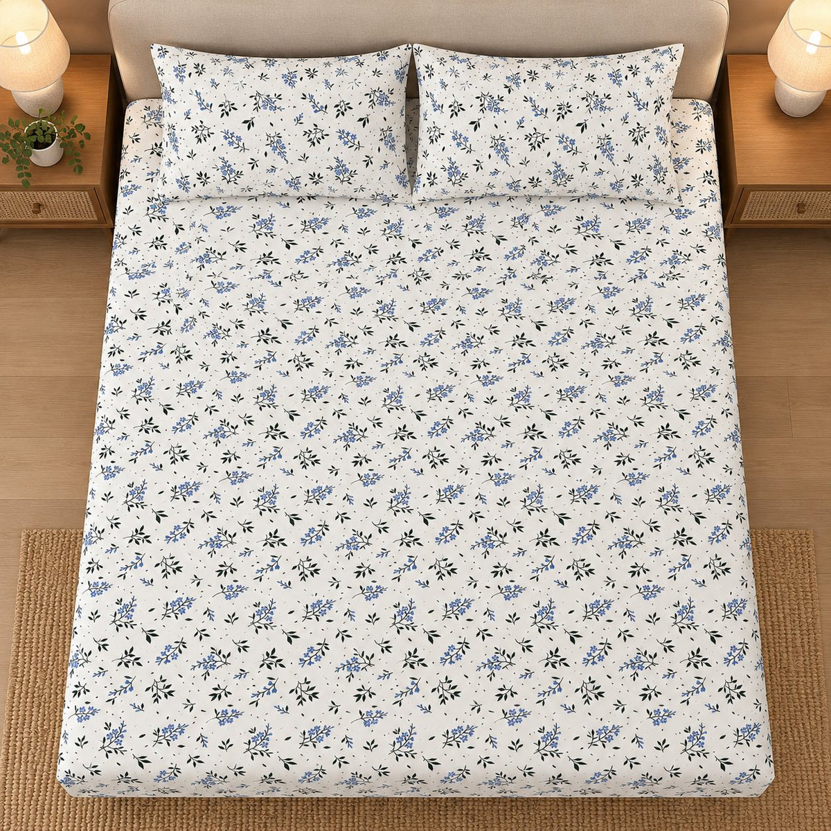Bluebell Ditsy Bedsheet Set by Reet (white, blue, green, small flowers)