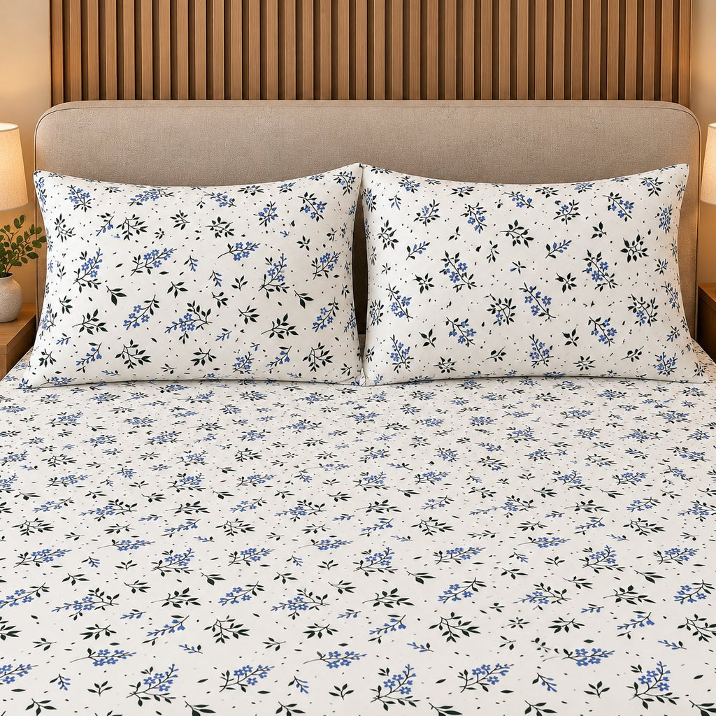 Bluebell Ditsy Bedsheet Set by Reet (white, blue, green, small flowers)