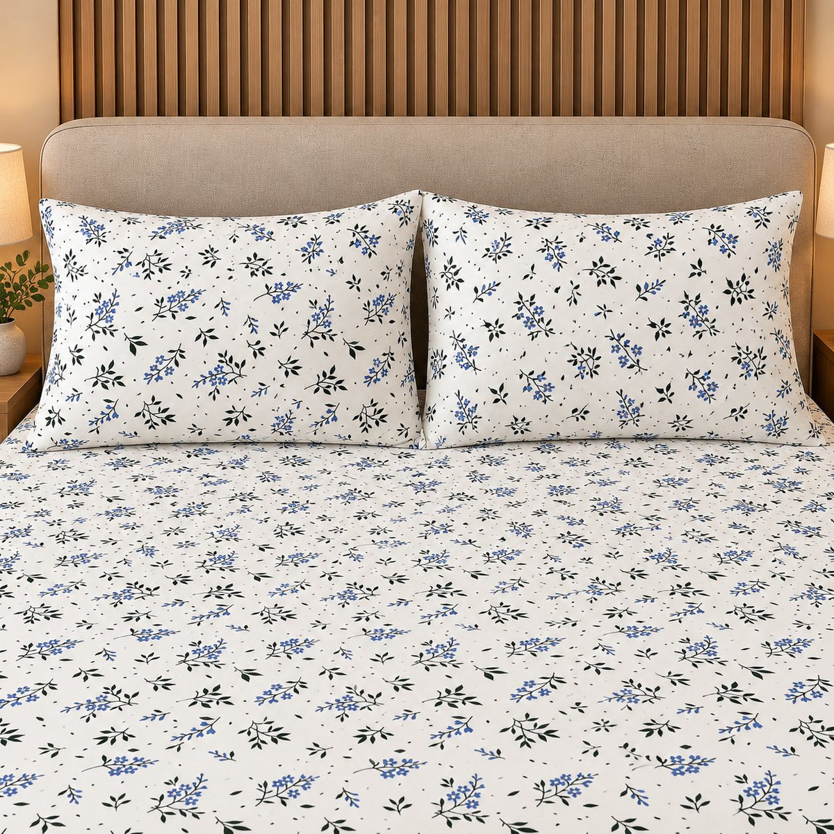 Bluebell Ditsy Bedsheet Set by Reet (white, blue, green, small flowers)