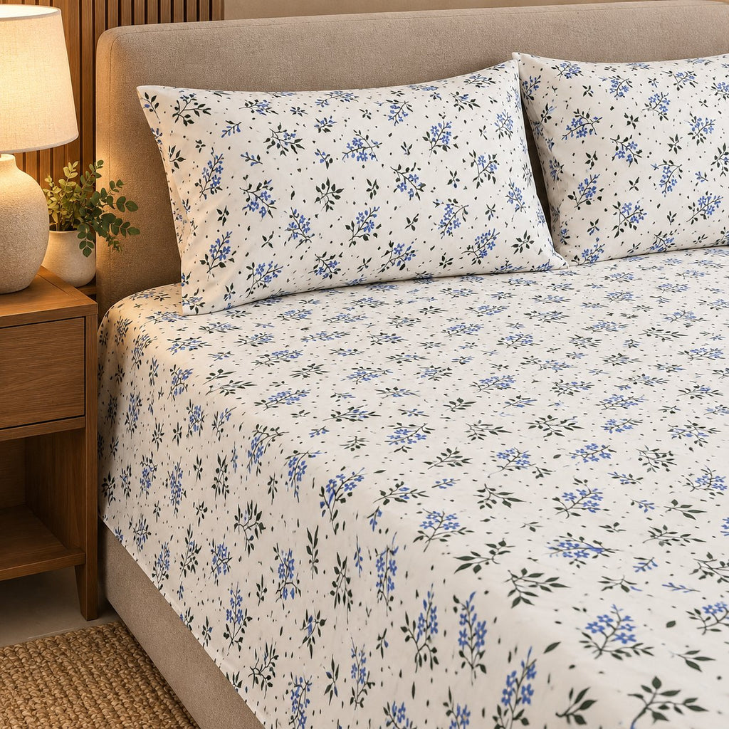 Bluebell Ditsy Bedsheet Set by Reet (white, blue, green, small flowers)