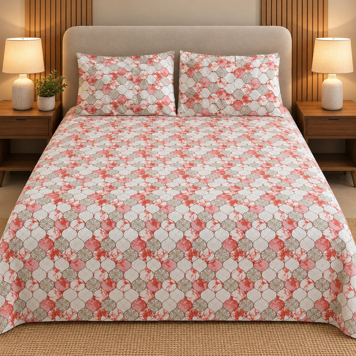 Coral Quatrefoil Bedsheet Set by Reet (white, peach, orange, brown, geometric)
