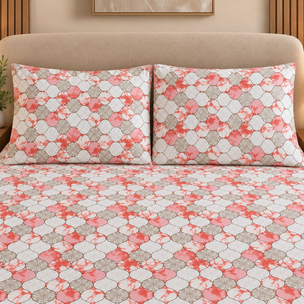 Coral Quatrefoil Bedsheet Set by Reet (white, peach, orange, brown, geometric)