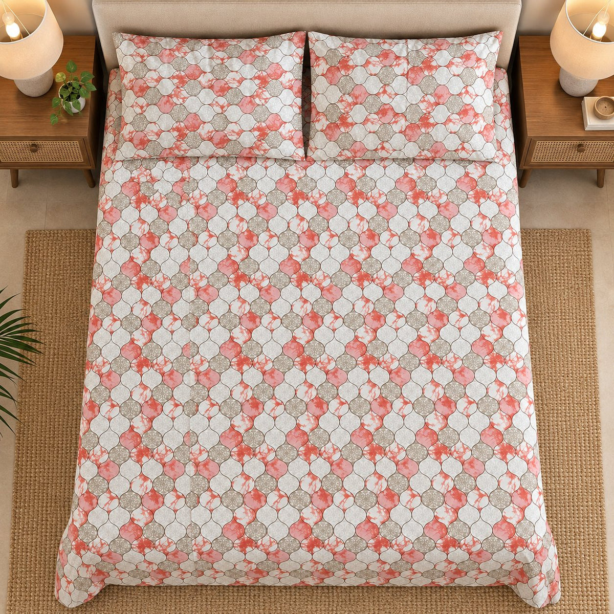 Coral Quatrefoil Bedsheet Set by Reet (white, peach, orange, brown, geometric)