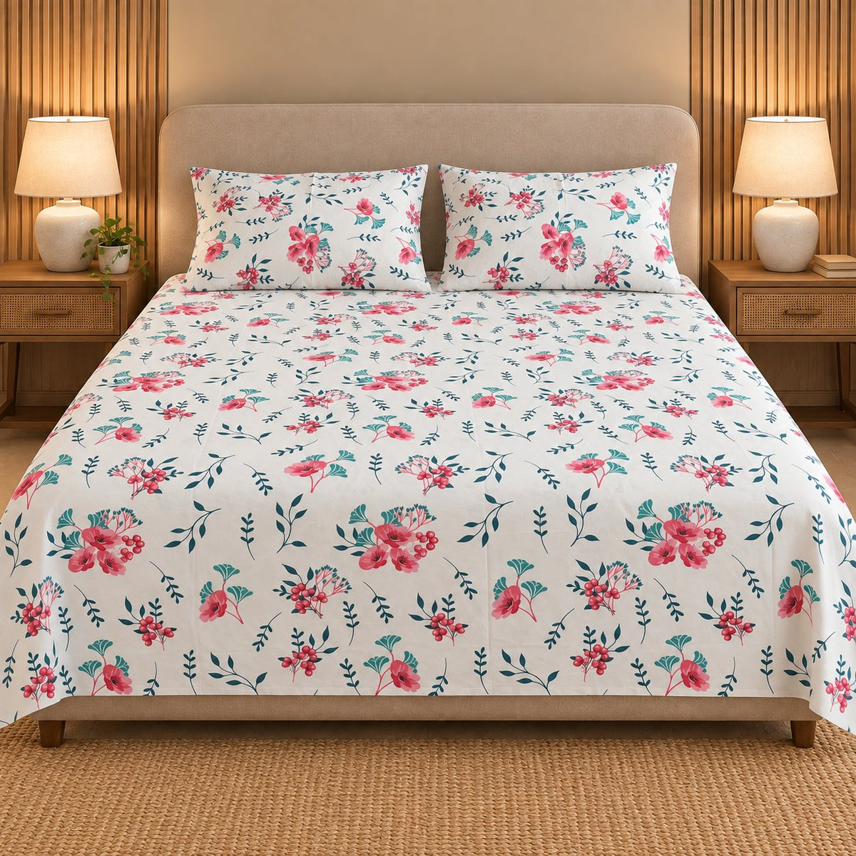 Berry Bloom Bedsheet Set by Reet (white, pink, red, green, floral)
