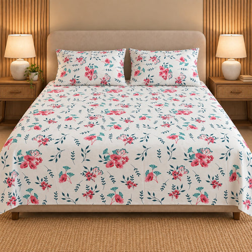Berry Bloom Bedsheet Set by Reet (white, pink, red, green, floral)