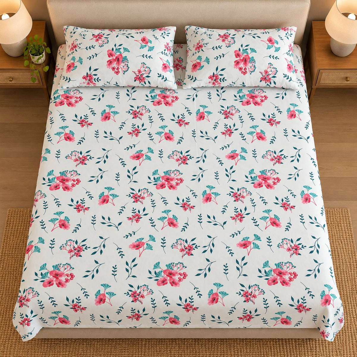 Berry Bloom Bedsheet Set by Reet (white, pink, red, green, floral)