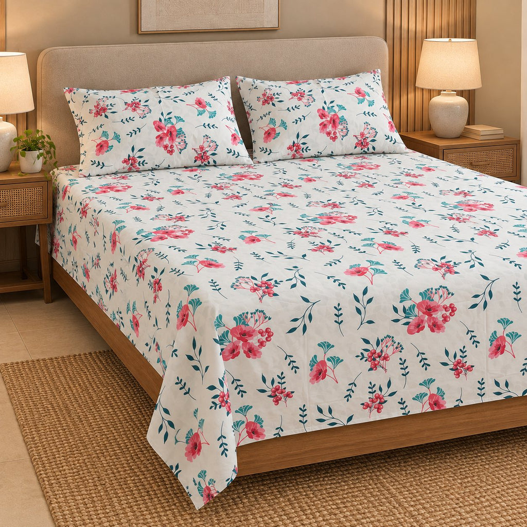 Berry Bloom Bedsheet Set by Reet (white, pink, red, green, floral)