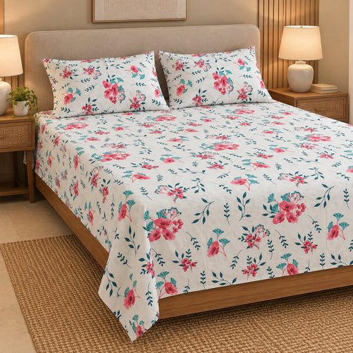 Berry Bloom Bedsheet Set by Reet (white, pink, red, green, floral)
