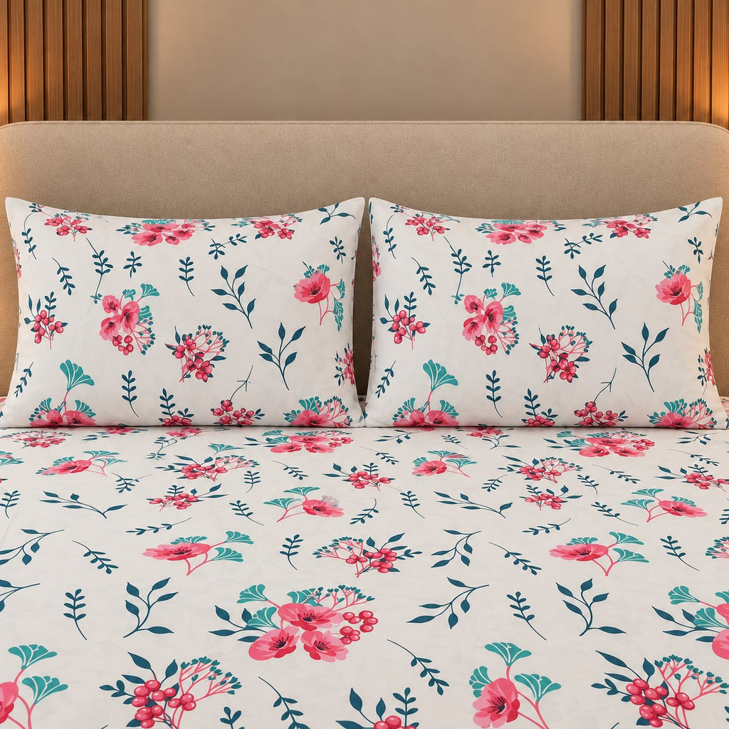 Berry Bloom Bedsheet Set by Reet (white, pink, red, green, floral)